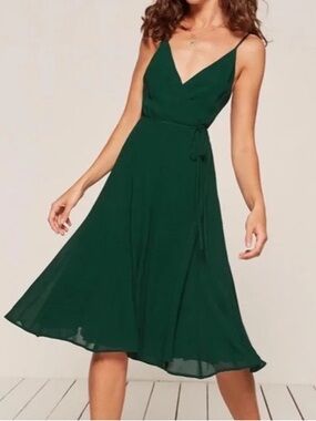 Reformation Temple Emerald Green Sleeveless Wrap Midi Dress X-Small